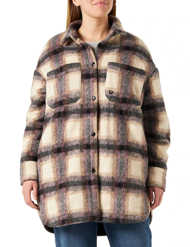 True Religion Women's Oversized Drop Shoulder Jacket Checked Coat, Camel, M