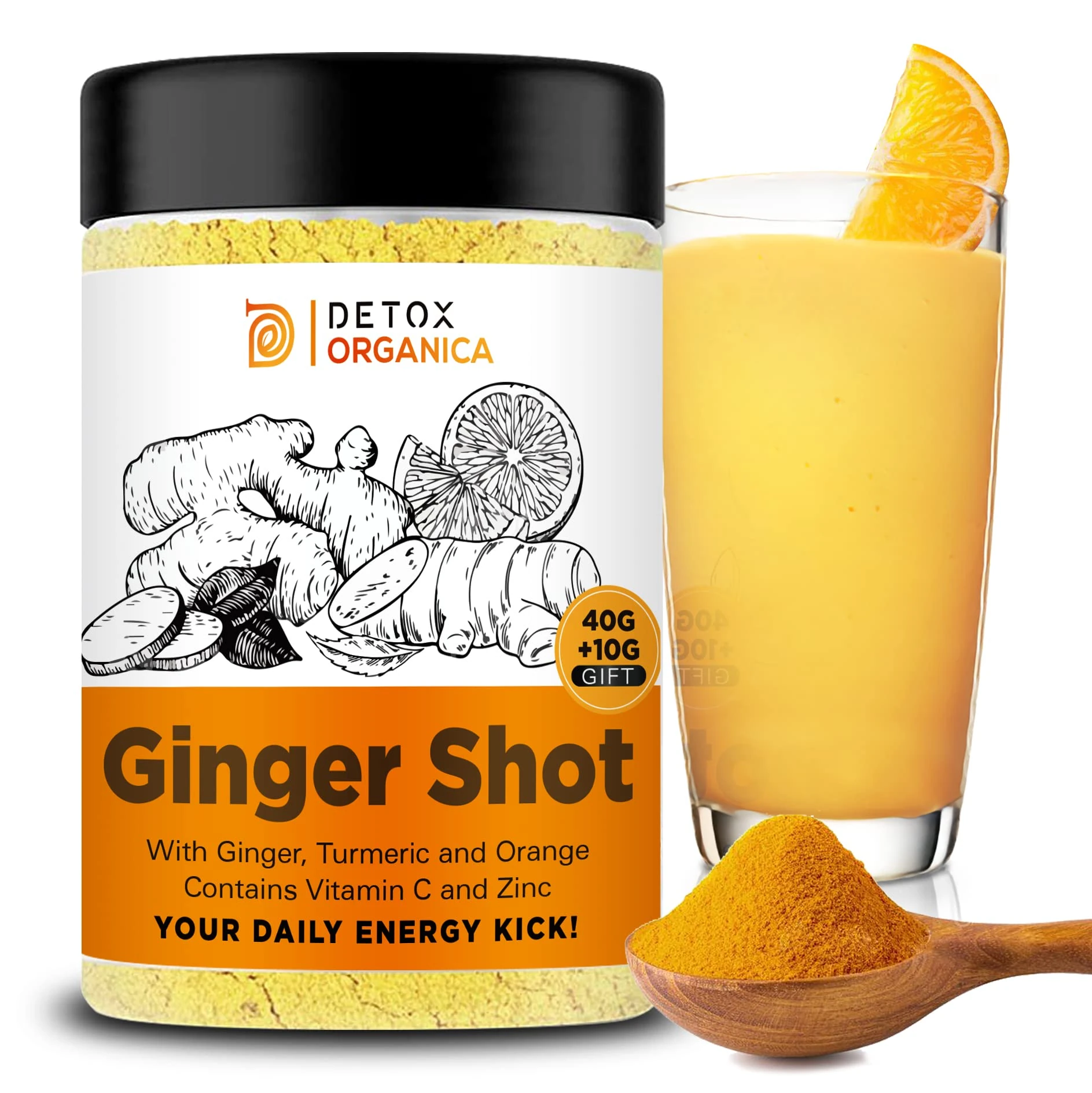 Ginger Shots-60 Servings-Ginger and Turmeric Shot Powder-Drink Supplement with Vitamin C and Zinc-Natural Ingredients, No Added Sugar-Mix with Water, Juice or Tea
