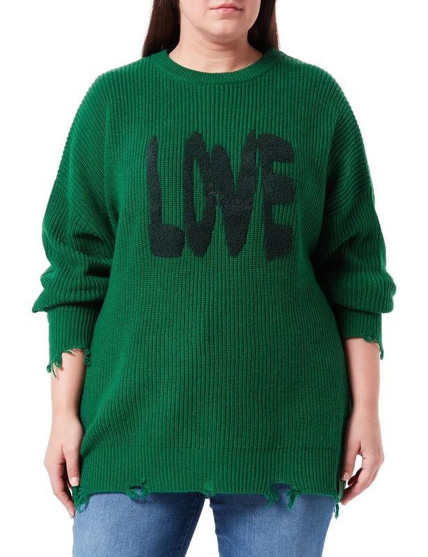 True Religion Women's Destroyed Oversized Love Sweater, Green, XS