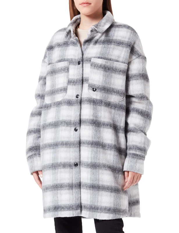 True Religion Women's Oversized Drop Shoulder Jacket Check Coat, Grey, Standard