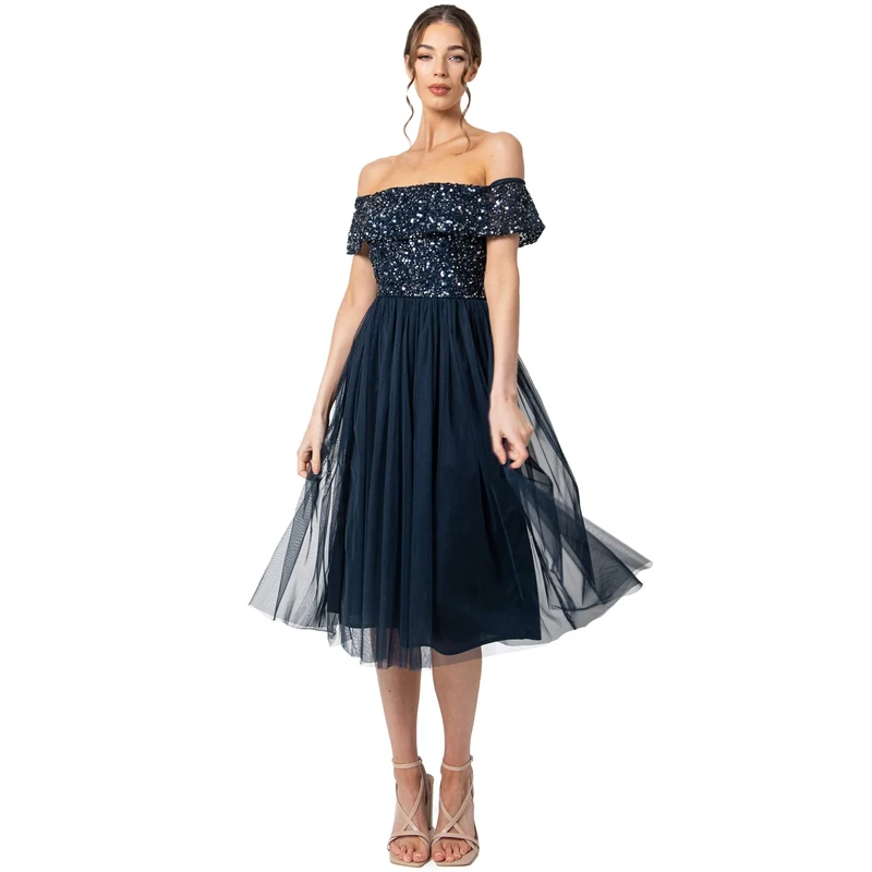 Maya Deluxe Women's Ladies Bardot Dresses Midi High Empire Waist Sequins Embellished Formal Evening for Wedding Guest Bridesmaid, Navy, 8