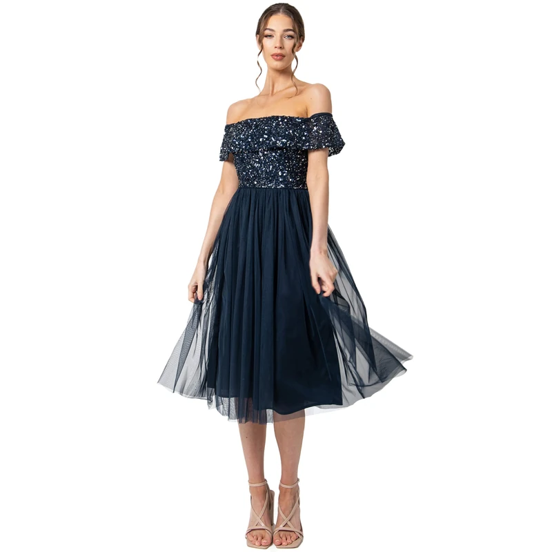 Maya Deluxe Women's Ladies Bardot Dresses Midi High Empire Waist Sequins Embellished Formal Evening for Wedding Guest Bridesmaid, Navy, 10