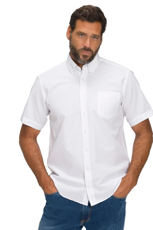 JP 1880 Men's Seersucker Shirt, Half Sleeve, Button-Down Collar, Modern Fit, Striped Shirt, Snow White, 3XL