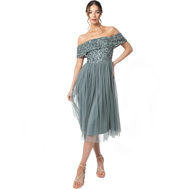 Maya Deluxe Women's Ladies Bardot Dresses Midi High Empire Waist Sequins Embellished Formal Evening for Wedding Guest Bridesmaid, Misty Green, 12