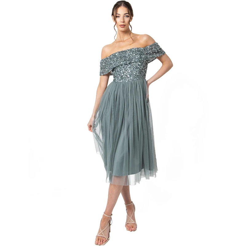 Maya Deluxe Women's Ladies Bardot Dresses Midi High Empire Waist Sequins Embellished Formal Evening for Wedding Guest Bridesmaid, Misty Green, 28