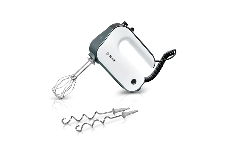 Bosch hand mixer, MFQ49300, 850 Watt, two innovative and efficient whisks made of stainless steel, including mixer base, stainless steel kneading hooks, 5 speeds and turbo function, white/dark silver
