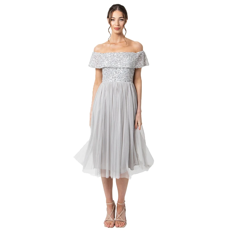 Maya Deluxe Women's Ladies Bardot Dresses Midi High Empire Waist Sequins Embellished Formal Evening for Wedding Guest Bridesmaid, Soft Grey, 12 - Image 1