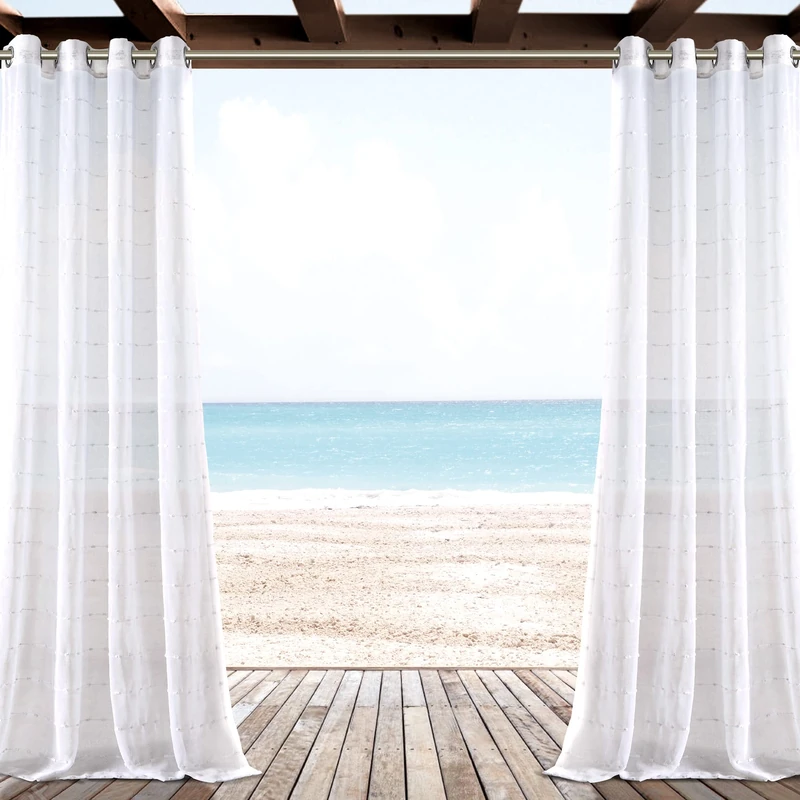 Lush Decor Farmhouse Textured Grommet Sheer Indoor/Outdoor Window Curtain Panel, 84" L x 50" W, Bleach White