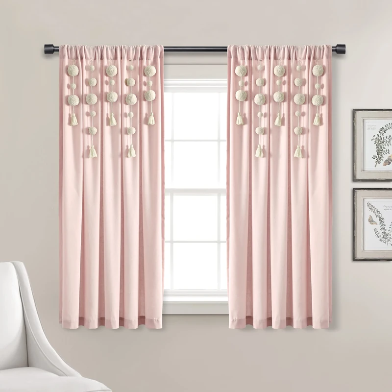Lush Decor Boho Pom Pom Tassel Linen Window Curtain Panel (Single Panel), 63" L x 52" W, Blush