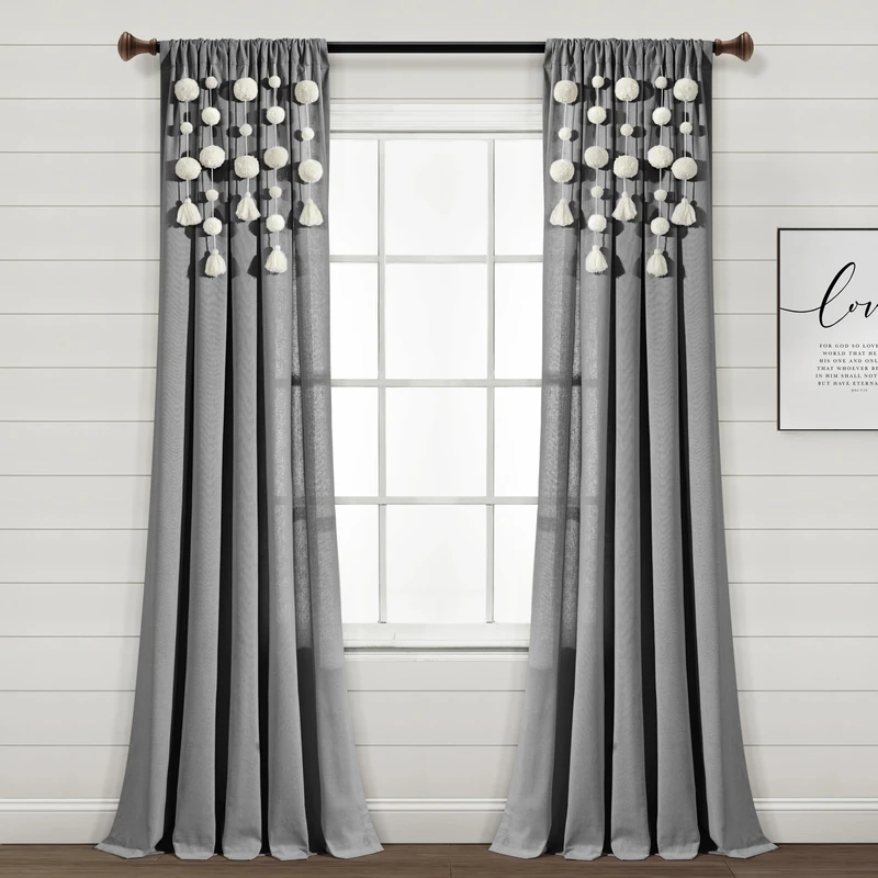 Lush Decor Boho Pom Pom Tassel Linen Window Curtain Panel (Single Panel), 95" L x 52" W, Dark Gray