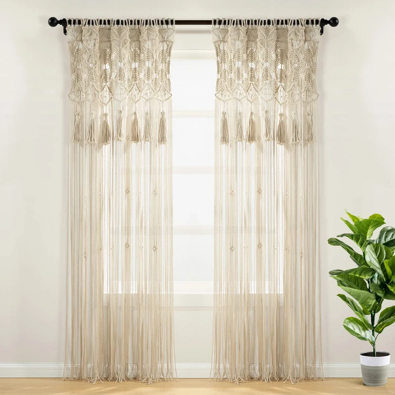 Lush Decor Boho Macrame Tassel Cotton Window Curtain/Room Divider/Wedding Backdrop/Wall Decor, 84" L x 50" W, Neutral