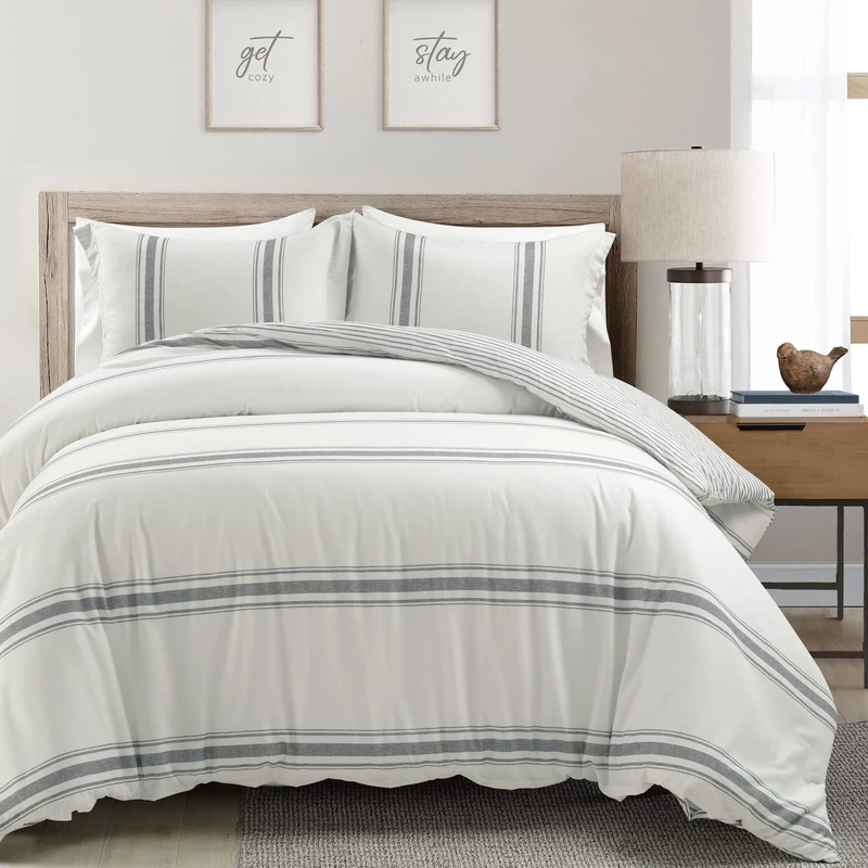 Lush Decor Farmhouse Stripe Reversible 3 Piece Cotton Duvet Cover Set, Full/Queen, Dark Gray