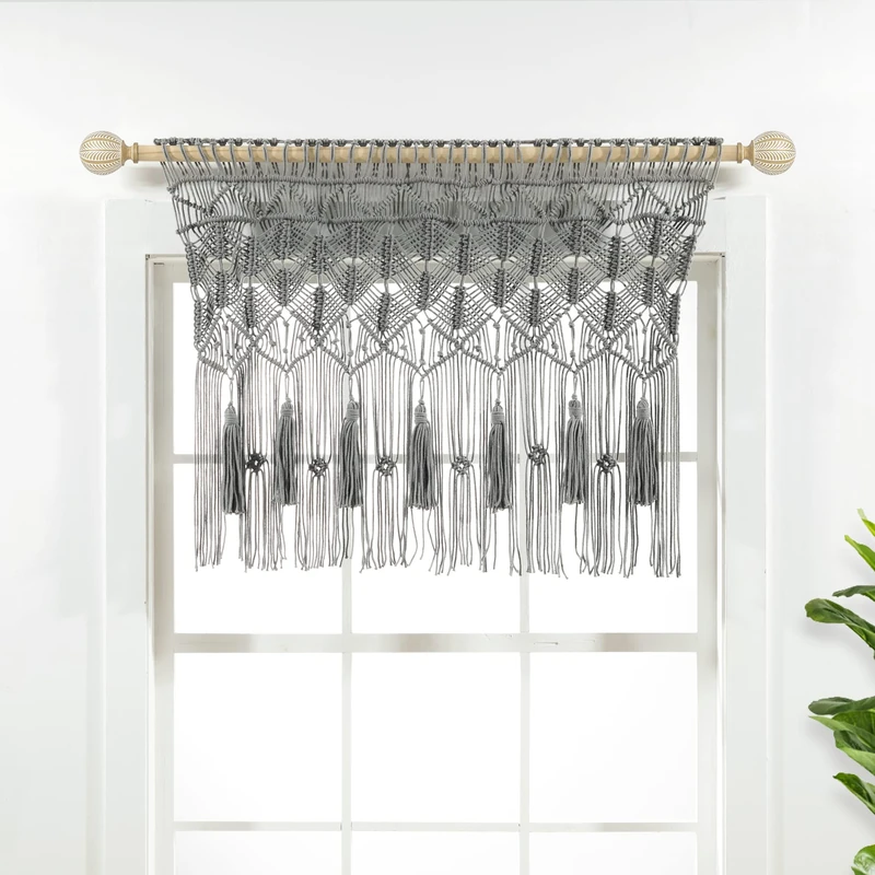 Lush Decor Boho Macrame Tassel Cotton Valance/Kitchen Curtain/Wall Decor, 30" L x 40" W, Gray