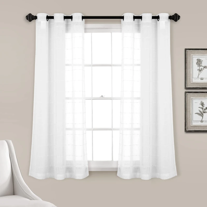 Lush Decor Farmhouse Textured Grommet Sheer Window Curtain Panel Pair, 38" W x 63" L, Bleach White