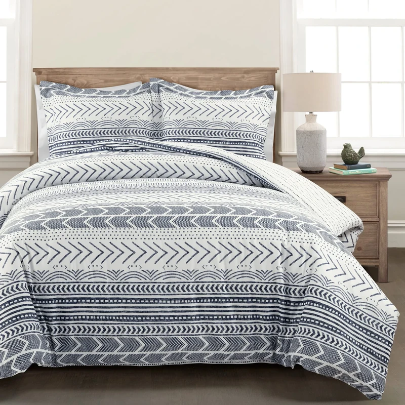 Lush Decor Hygge Geo Reversible 3 Piece Cotton Duvet Set, Full/Queen, Navy & White