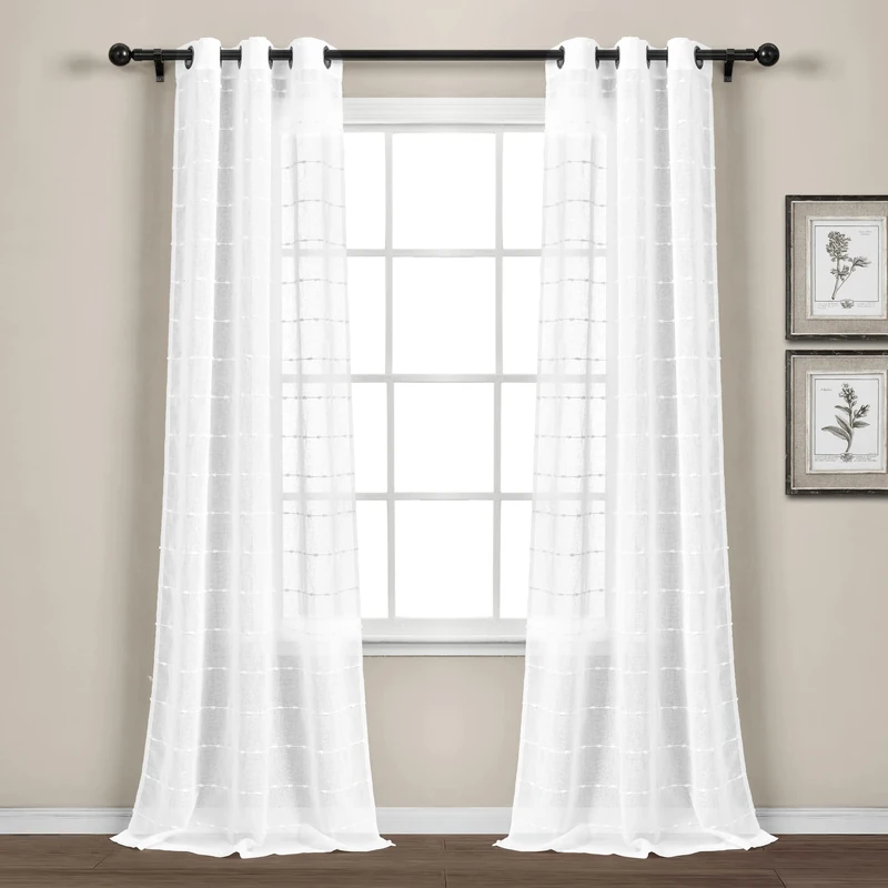 Lush Decor Farmhouse Textured Grommet Sheer Window Curtain Panel Pair, 38" W x 108" L, Bleach White