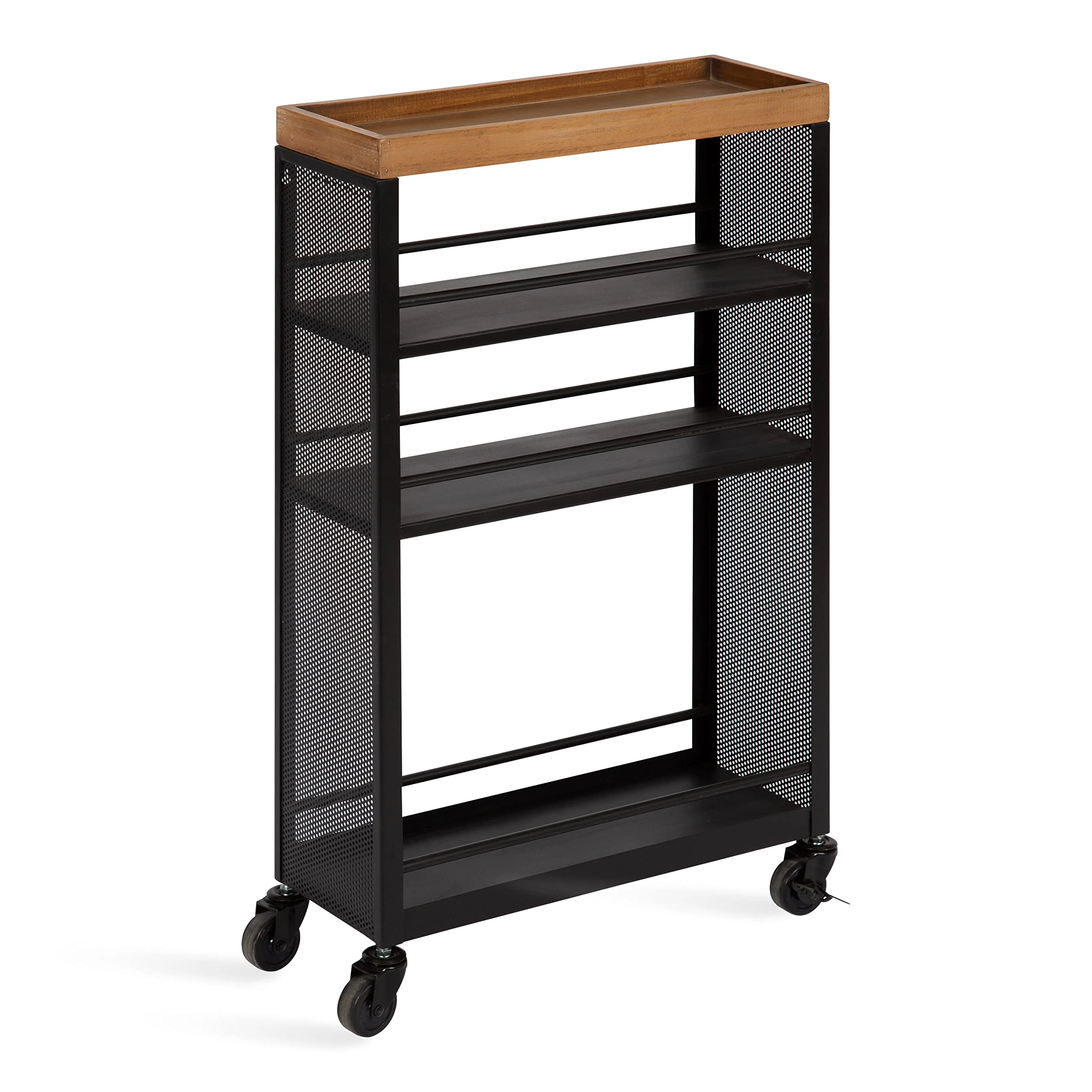 Kate and Laurel Piazza Decorative Slim Storage Cart, 18 x 7 x 30, Natural Wood and Black, Decorative Narrow Rolling Cart with Locking Wheels and Three Storage Shelves for Kitchen or Laundry Room