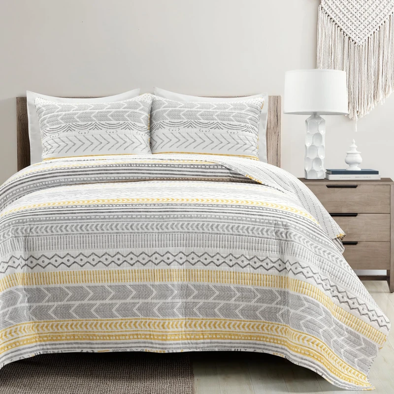 Lush Decor Hygge Geo Reversible Cotton Oversized 3 Piece Quilt Set, Yellow, King