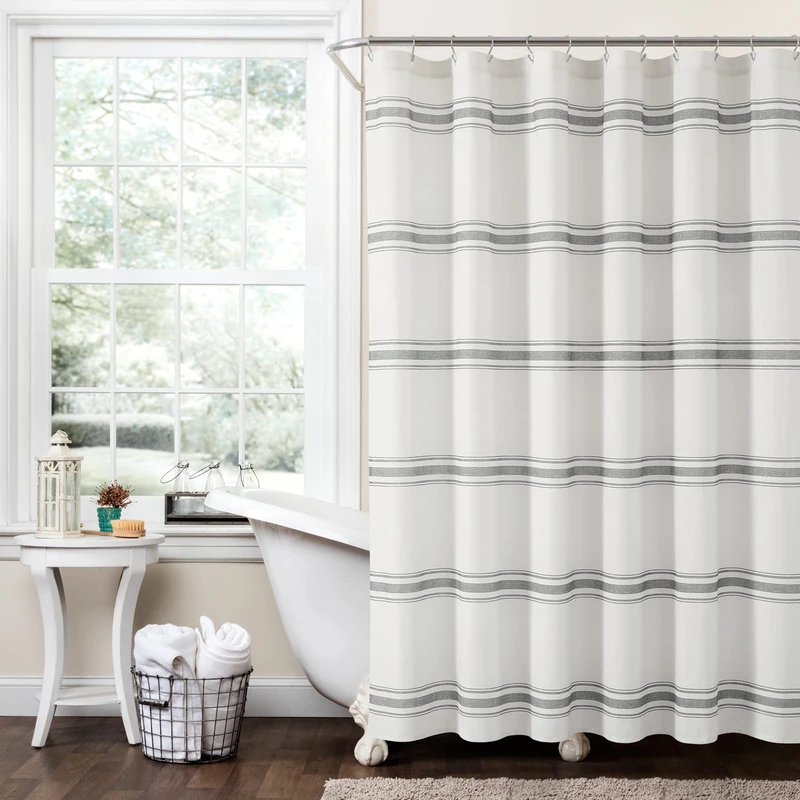 Lush Decor Farmhouse Stripe Cotton Shower Curtain, 72" W x 72" L, Dark Gray - Classic Modern Rustic Charm Bathroom Decor - Image 1