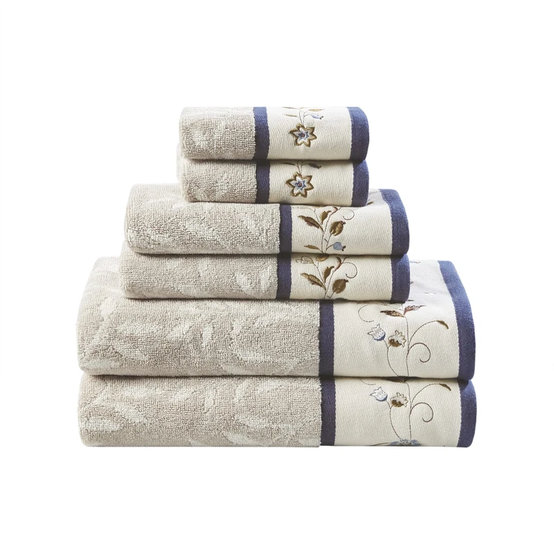 Madison Park Serene 100% Cotton Bath Towel Set Luxurious Floral Embroidered Cotton Jacquard Design, Soft and Highly Absorbent for Shower, Multi-Sizes, Navy, 6 Piece