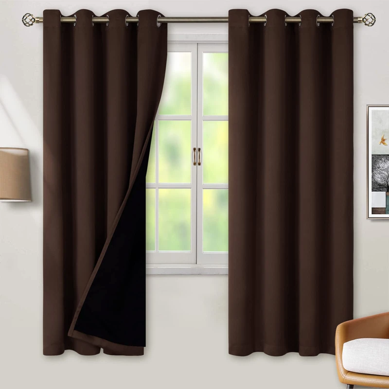 BGment Thermal Insulated 100% Blackout Curtains for Bedroom with Black Lining Double Layer Blackout Noise Reducing Eyelet Curtain 132 x 183 cm Brown 2 Panels