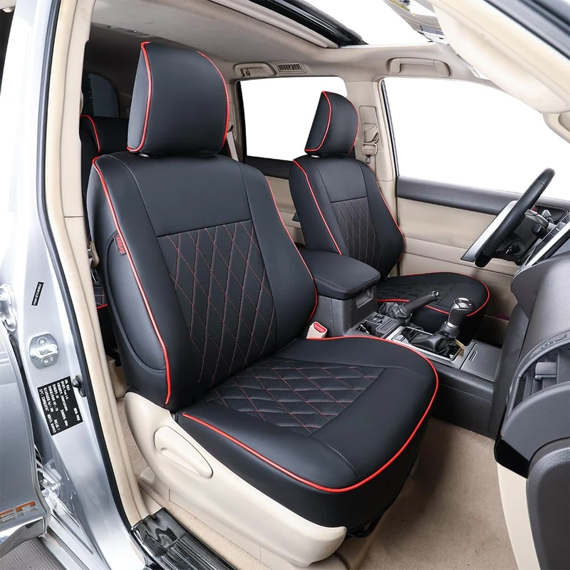 EKR Custom Fit Full Set Car Seat Covers for Select Toyota 4Runner 2011-2022 (2-Row Model) - Leatherette (Black with Red Piping)