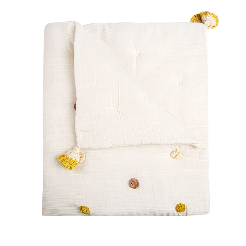 Crane Baby Soft Cotton Pom Pom Nursery Blanket - 36 x 36 Cream