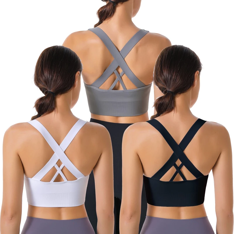 Evercute Sports Bra for Women Padded Medium Support Criss Cross Strappy Bras Seamless High Impact Yoga Exercise Athletic Bras, Black White Gray 3 Pack, M
