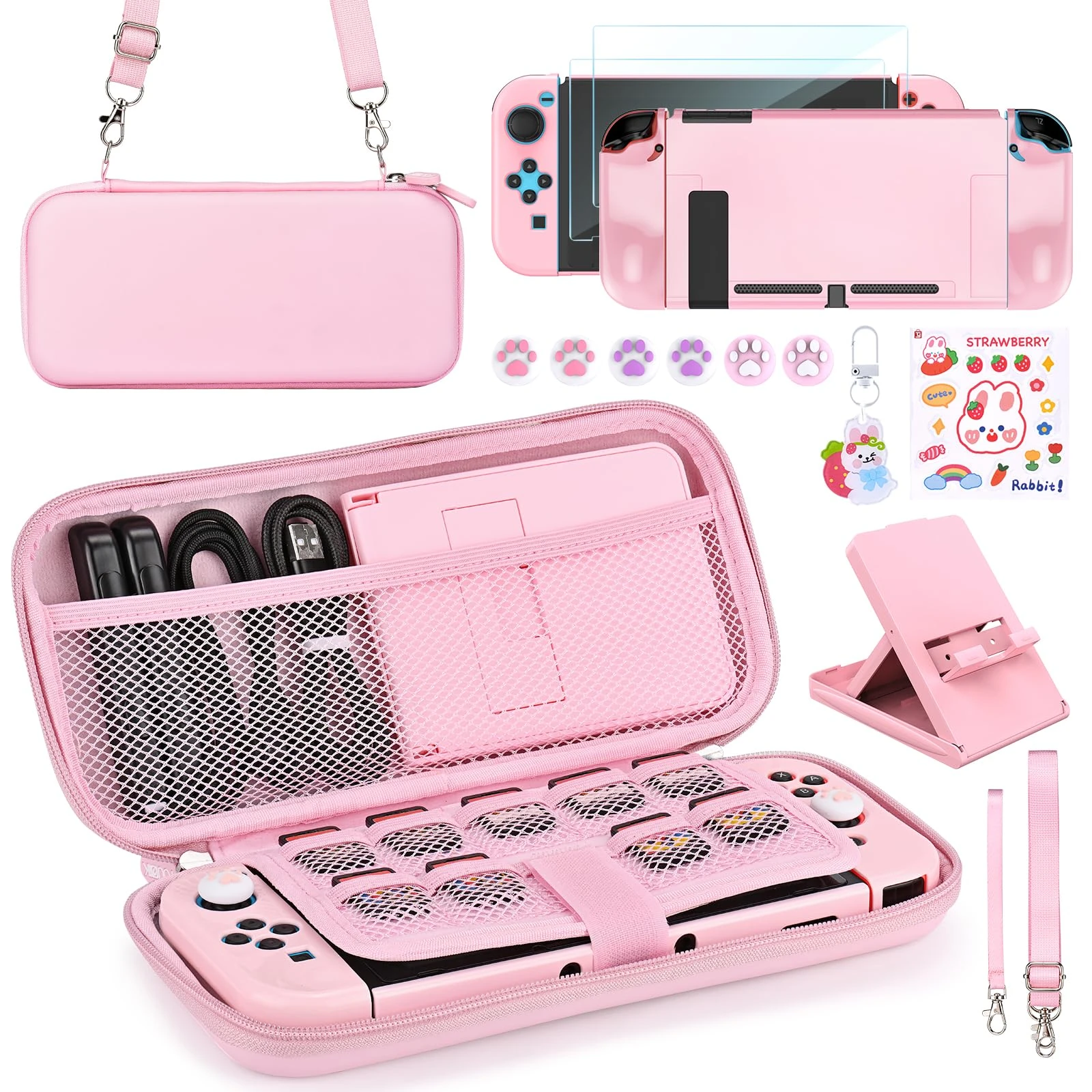 Younik Switch Accessories Bundle, 17 in 1 Switch Accessories Kit for Girls Include Switch Carrying Case with 9 Game Card Slots, Adjustable Stand, Protective Case for Switch Console & J-Con (Pink)