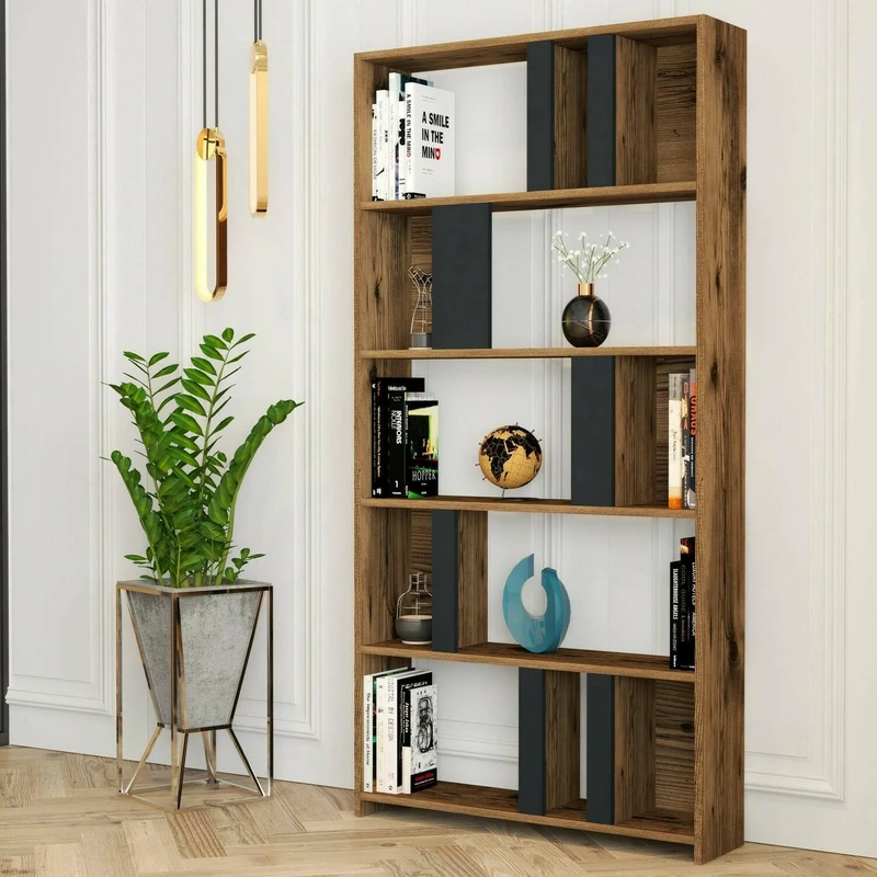 Dmora - Algieba Bookcase, Office Shelf, Bookcase, Library, 90 x 20 x 180 cm, Walnut and Anthracite