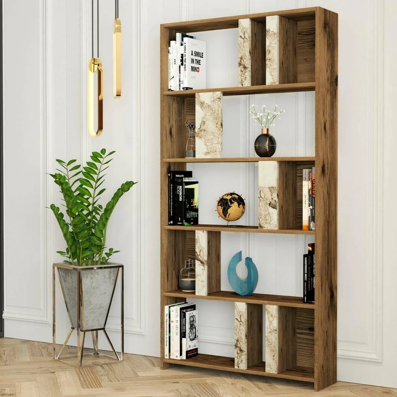 Dmora Algieba Bookcase, Office Shelf, Bookcase, Library, 90 x 20 x 180 cm, Walnut and White Marble