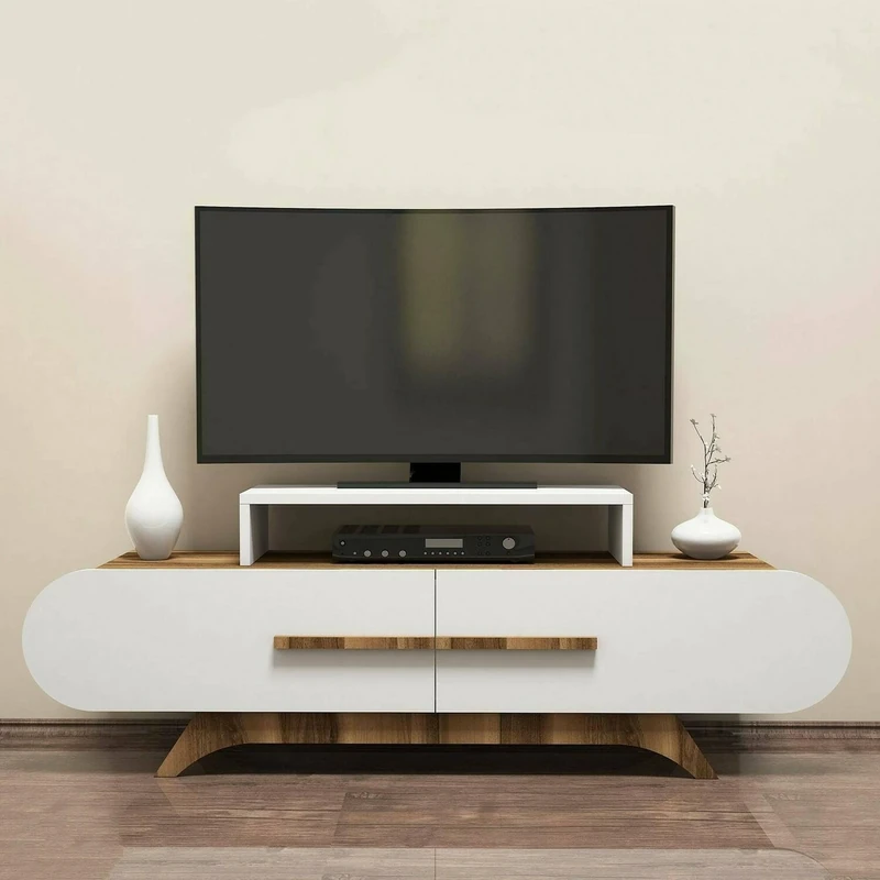 Dmora Dubh Door Cabinet, Living Room Sideboard, Low Cabinet for TV, Equipped Wall Base, 145 x 37 x 50 cm, Walnut and White
