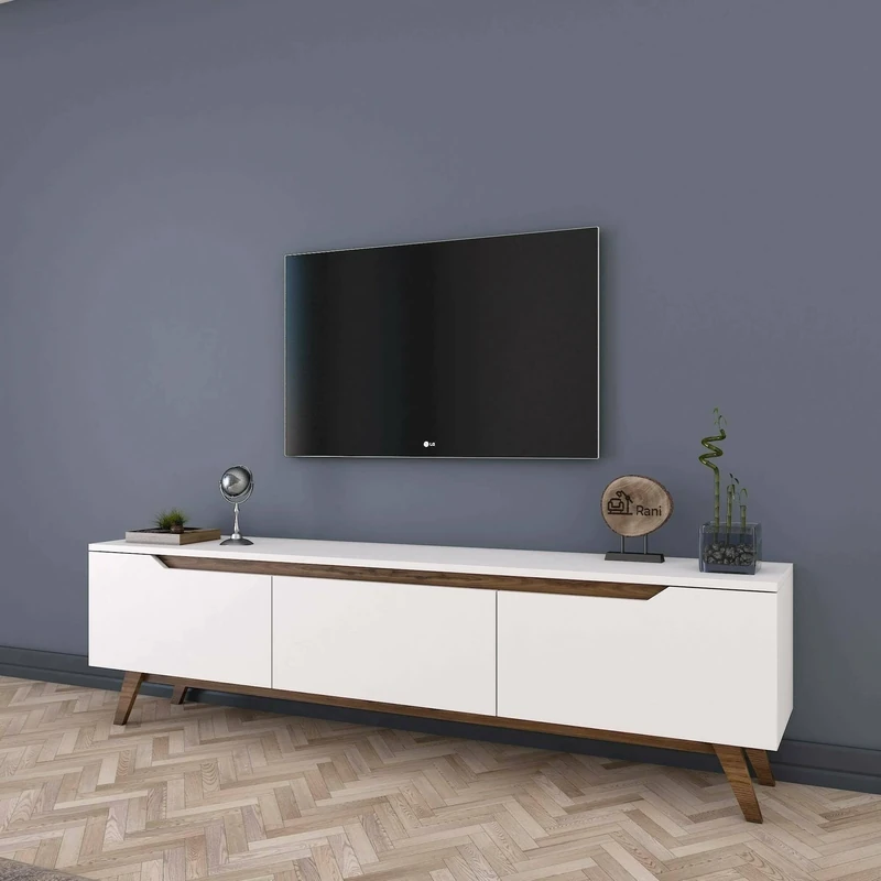 Dmora Cor Door Cabinet, Living Room Sideboard, Low Cabinet for TV, Equipped Wall Base, 180 x 35 x 49 cm, White and Walnut, Melamine Panel 18 mm