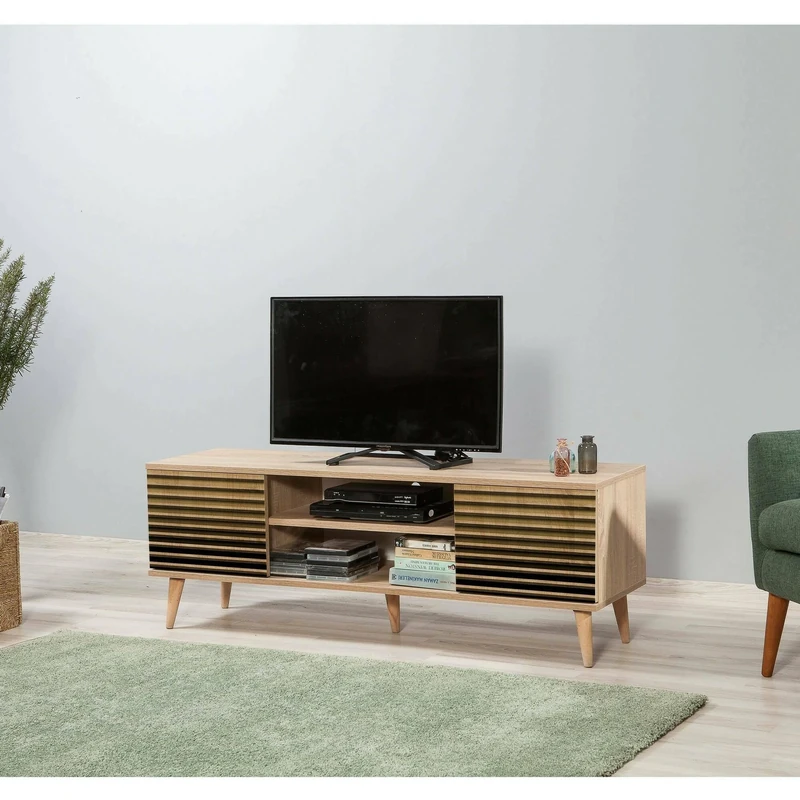Dmora Amalthea Door Cabinet, Living Room Sideboard, Low Cabinet for TV, Equipped Wall Base, 140 x 40 x 50 cm, Oak