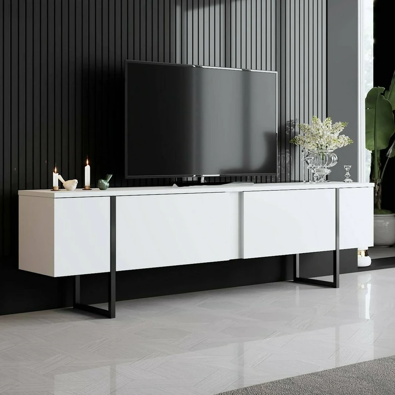 Dmora - Centaurus TV Unit, Living Room Sideboard, Low TV Cabinet, Wall Storage Base, 180x30h50 cm, White and Black