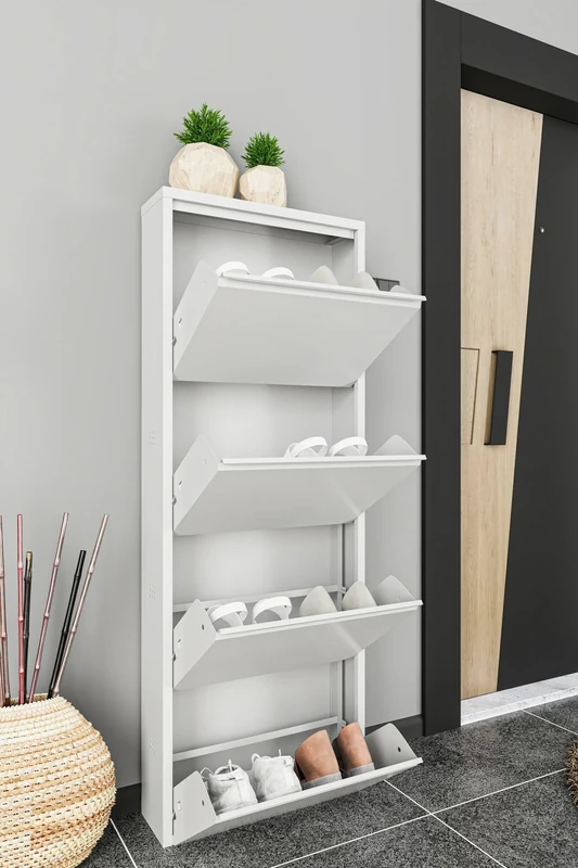 Dmora Gonzalo Shoe Rack, Multi-Purpose Entrance Cabinet, Shoe Cabinet, 50 x 15 x 138 cm, White, 4 Compartments