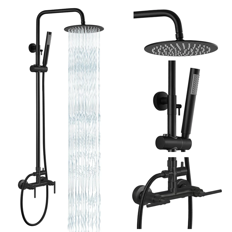 gotonovo Matte Black Outdoor Shower Fixtures System Combo Set Rainfall Lever Handle High Pressure Hand Spray Wall Mount 2 Dual Function SUS304