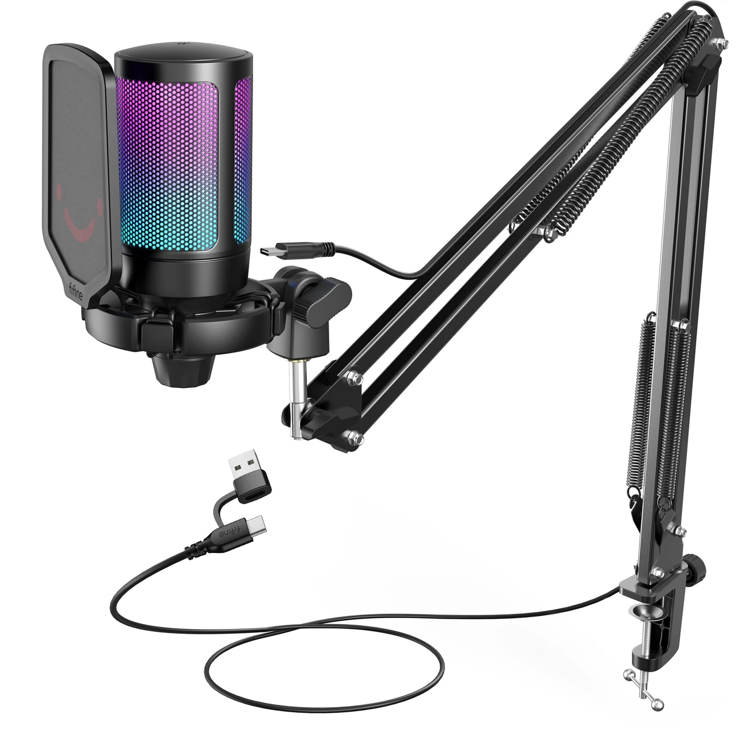 FIFINE USB Gaming Microphone Kit for PC PS5, Computer Condenser Microphone with RGB, Quick Mute, Gain Control, Boom Arm Stand, Shock Mount, Pop Filter for Streaming Discord Podcasts YouTube -A6T