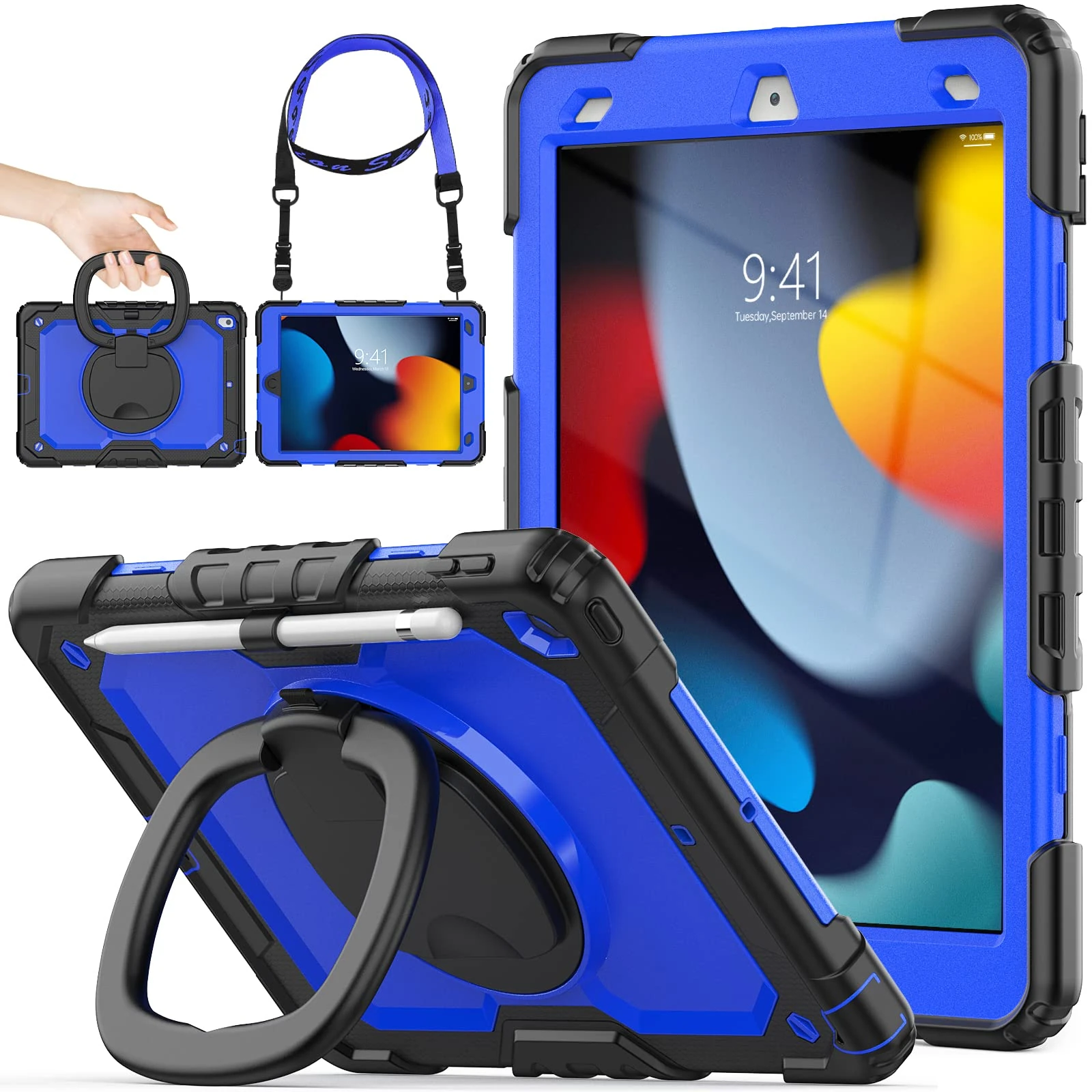 SEYMAC stock Case for iPad 9th/8th/7th Generation 10.2'' with Screen Protector, 360° Rotating Stand, Pencil Holder & Shoulder Strap, Heavy Duty Shockproof Case for iPad 10.2 Inch 2021/2020/2019, Blue