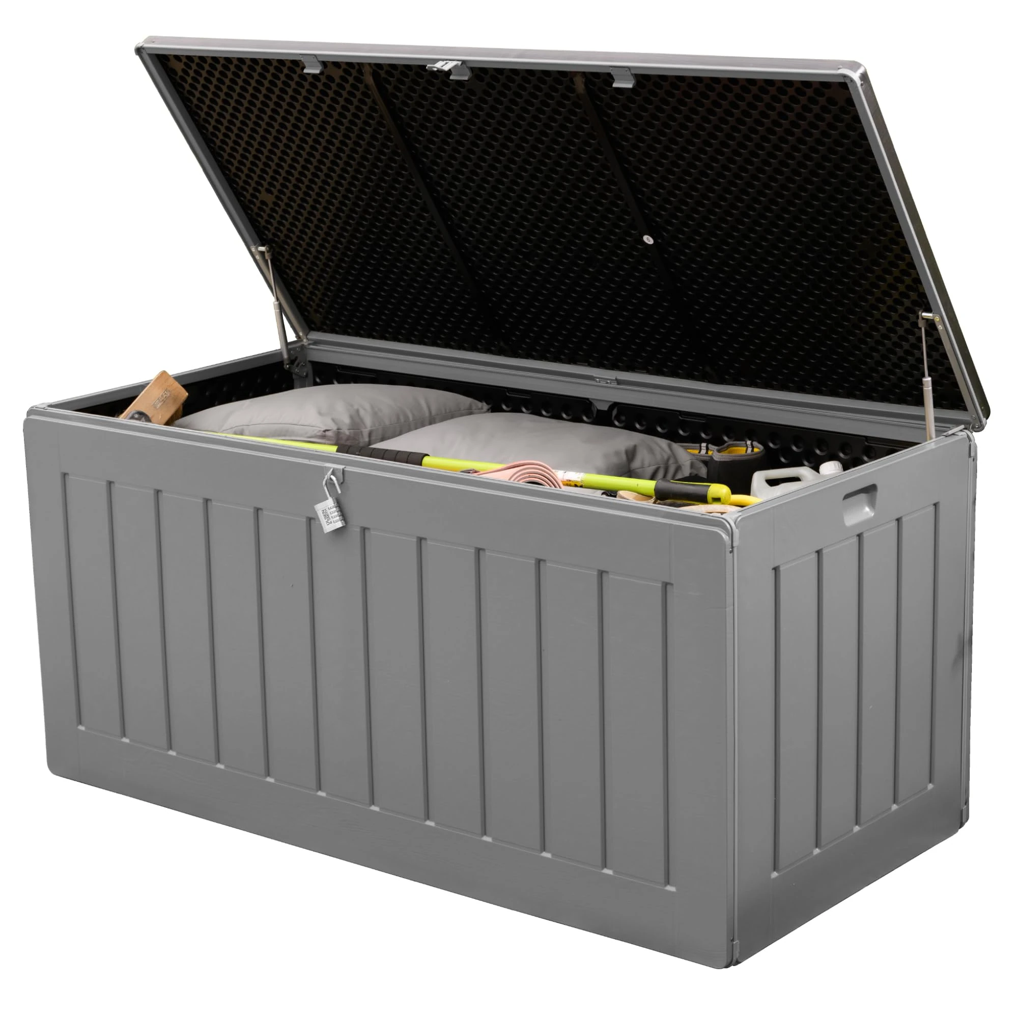 Olsen & Smith 830L Extra Large XL Outdoor Garden Storage Box - Weather Resistant Heavy Duty Garden Box Wood Effect with Padlock - Massive Capacity Storage Chest for Tools Cushions Toys & More, Grey