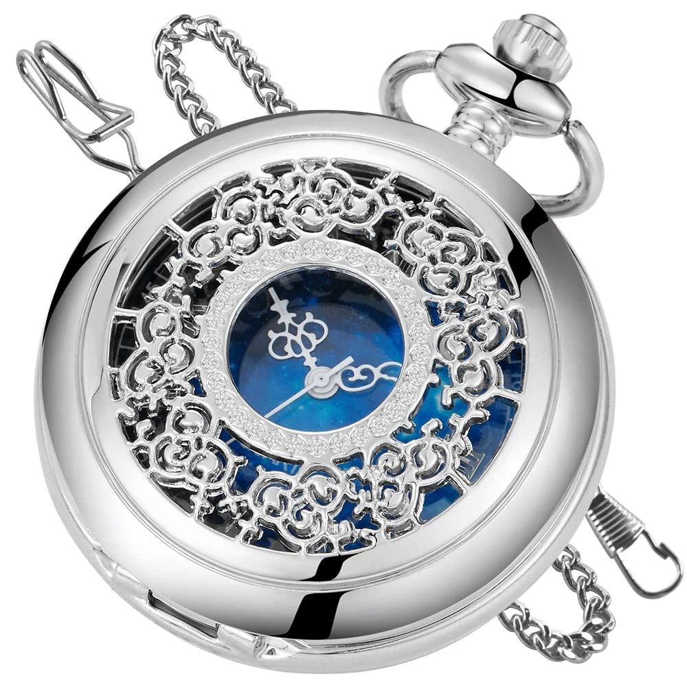 Tiong Quartz Pocket Watch Hollow Steampunk Blue Star Design Roman Numerals Pocket FOB Watch with Chain Christmas Gifts