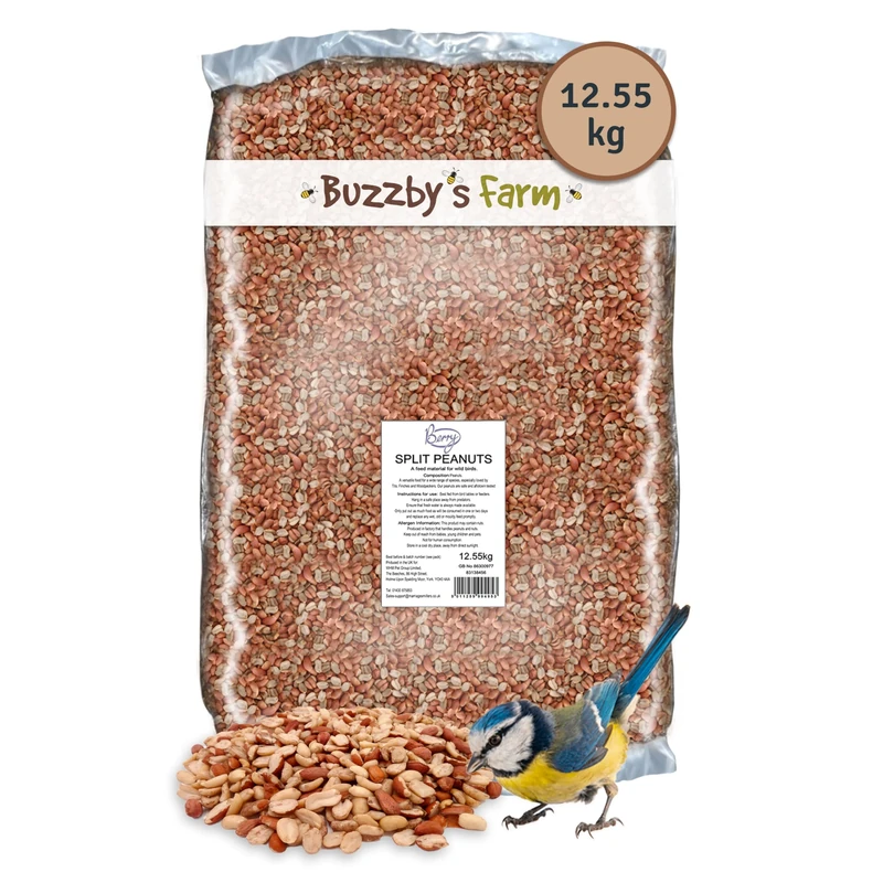 Split Peanuts for Wild Birds 12.55kg - High Energy Food, High Protein Feed, Rich in Fats and Fibre, Great for Hanging Feeders, Bird Tables and Ground Feeding, Bulk Bag - Buzzby's