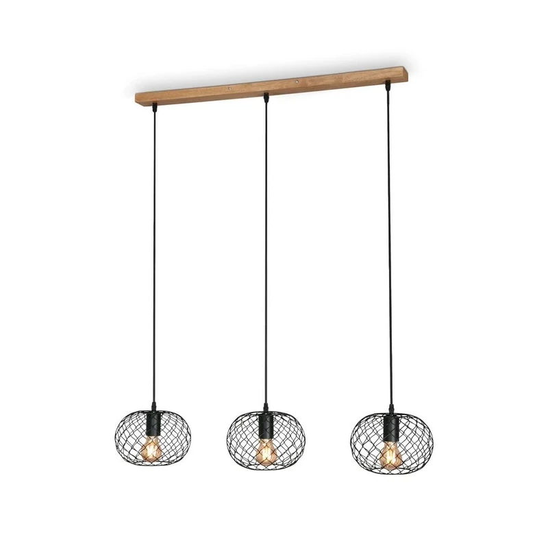 BRILONER - Vintage Pendant Light with 3x E27 socket, max 40W, Retro Pendant Light, Industrial Light Shade, Cage Lamp Shade, Ceiling Lights Living Room, Kitchen Lights Ceiling, 90x22x110 cm, Metal-Wood