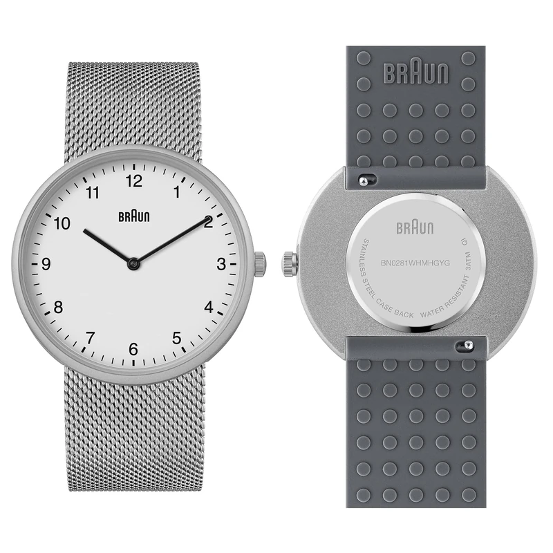 Braun 2-Hand Analogue Quartz Watch, White Dial and Stainless Steel Mesh Strap with Additional Grey Silicone Rubber Strap, Quick-Release Spring Bars, 38mm, Model BN0281WHMHGYG.