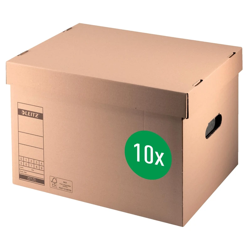 Leitz Premium Archive and Transport Box, Box for 4 Wide or 7 Narrow A4 Folders and More, Transport Box with Lid, Foldable Cardboard Packaging, 100% Recyclable, Pack of 10, Brown, 60810000