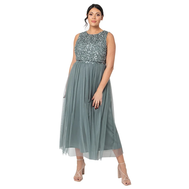 Maya Deluxe Women's Midaxi Dress Ladies Sleeveless Sequins High Empire Waist Tulle Embellished for Wedding Guest Ball Bridesmaid, Misty Green, 18 (PL1-11-98)