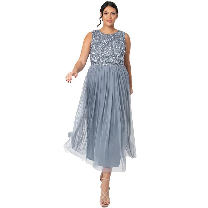 Maya Deluxe Midaxi Dress for Women Ladies Sleeveless Sequins High Empire Waist Tulle Embellished for Wedding Guest Bridesmaid Prom Ball Dusty Blue Size 24