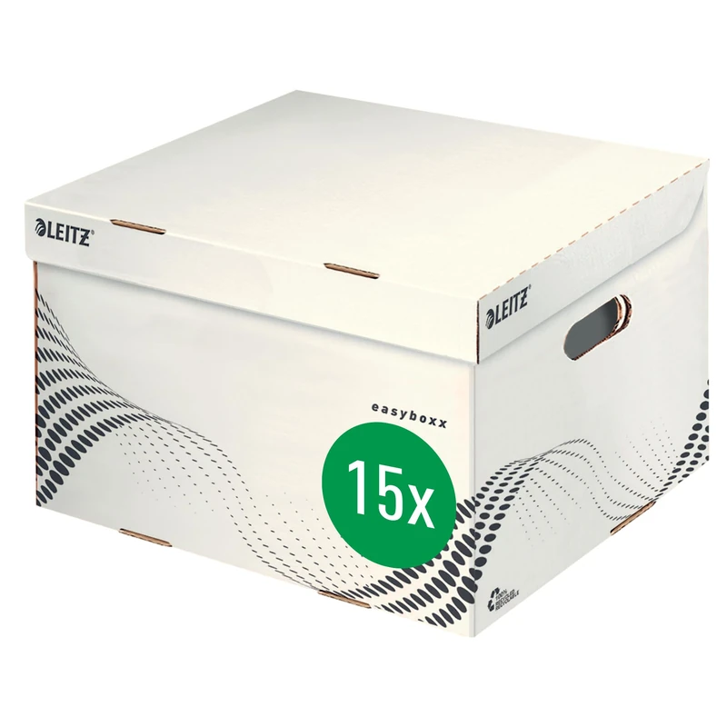Leitz easyboxx Storage and Transport Box, Size M, Box easyboxx A4 Archive Boxes, 3 x 100 mm/2 x 150 mm, Transport Box with Top Lid, Pack of 15, White/Black, 61360000