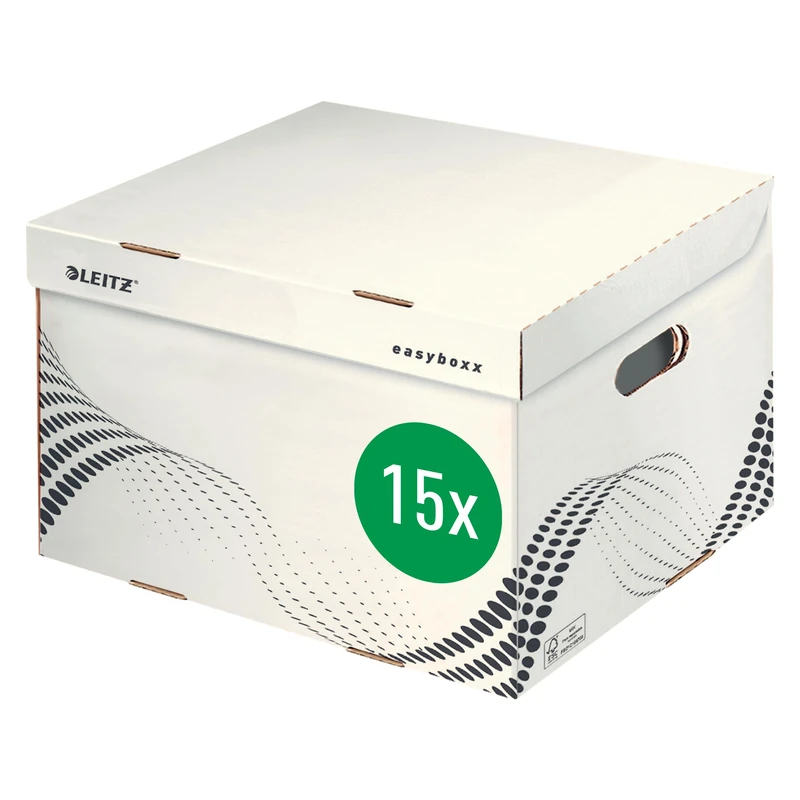 Leitz easyboxx 6137000 Storage and Transport Box, Large Box easyboxx A4 Archive Boxes 5 x 80 mm/4 x 100 mm, Transport Box with Top Lid, Pack of 15, White/Black, 61370000
