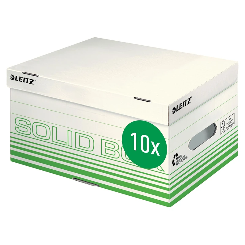 Leitz Solid Box 61170050 Storage and Transport Boxes with Hinged Lid 100% Recycled Cardboard Fluted Small Green (Pack of 10)